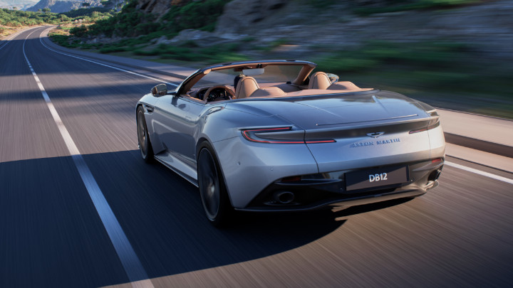 Aston Martin DB12 Volante Driving Rear Profile