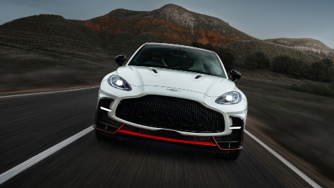White Aston Martin DBX S driving front