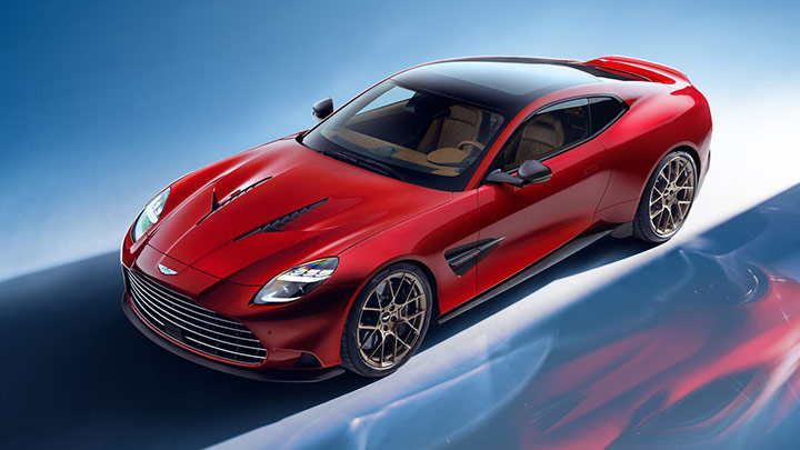 Red Aston Martin Vanquish front quarter aerial shot