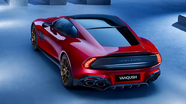 Red Aston Martin Vanquish rear quarter aerial shot