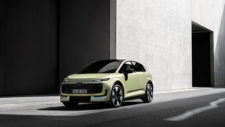 Green Audi A2 e-tron static front