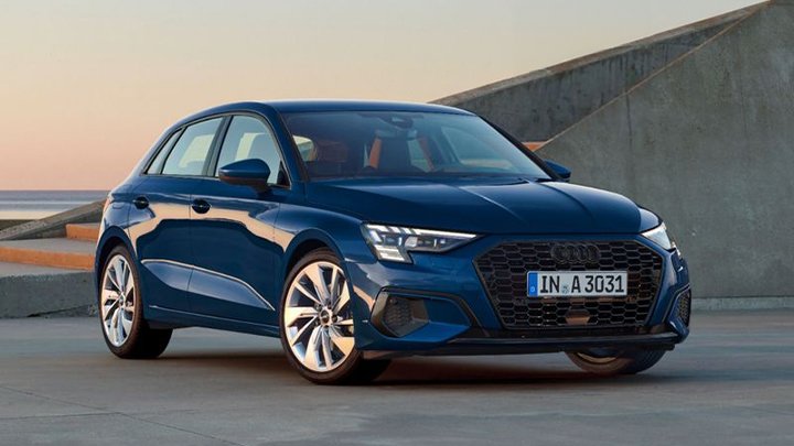 Front quarter shot of a blue Audi A3 Sportback