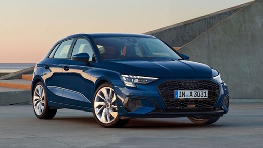 Front quarter shot of a blue Audi A3 Sportback