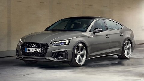 Front quarter driving shot of a grey Audi A5 Sportback