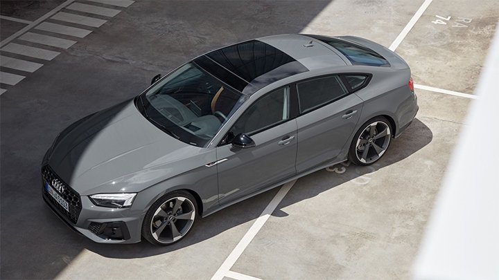 Aerial shot of a parked Audi A5 Sportback that's finished in grey