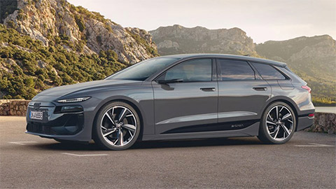 Front quarter shot of a grey Audi A6 e-tron with black accents