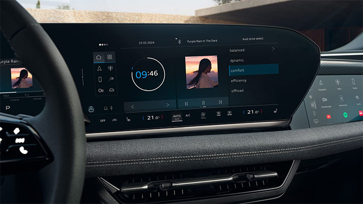 Close up of an Audi A6 Avant e-tron infotainment system