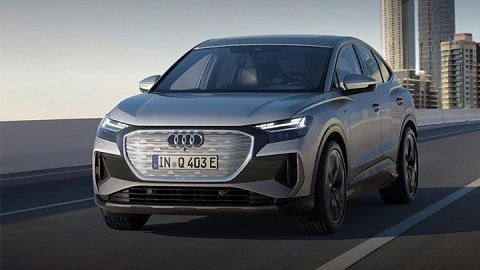 Driving Shot of Silver Audi Q4 Sportback e-tron