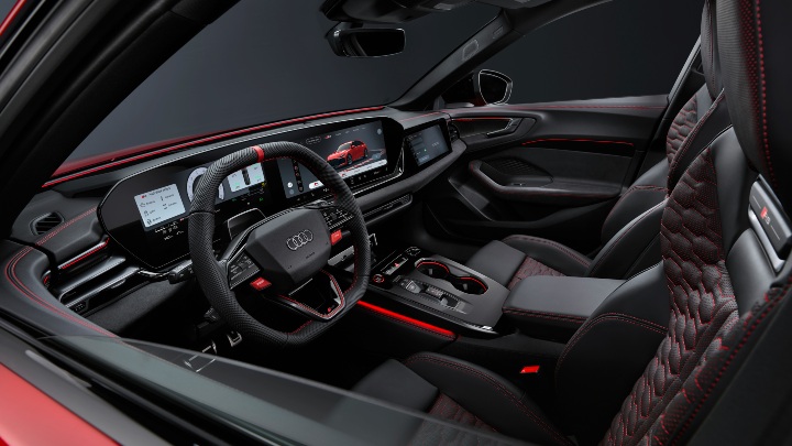 Red Audi RS 5 Avant interior black seats red stitching dashboard