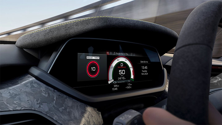 Close up of an Audi RS e-tron GT's digital instrument cluster