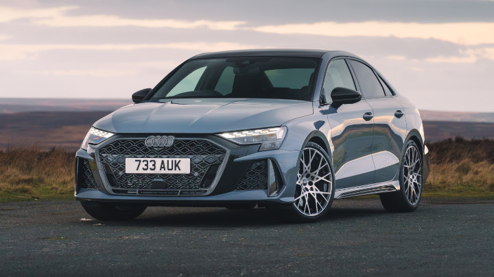 Audi RS 3 Saloon Front Angle in Kemora Grey 