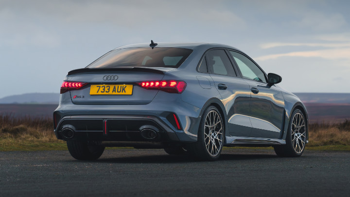 Audi RS 3 Saloon Rear Angle in Kemora Grey 