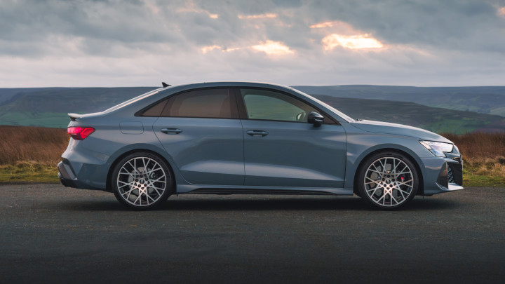 Audi RS 3 Saloon Side Angle in Kemora Grey 
