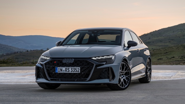 Audi RS 3 Saloon in grey parked on an open mountain road