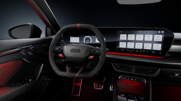 Audi RS 3 Saloon interior with digital cockpit, touchscreen display and red ambient lighting