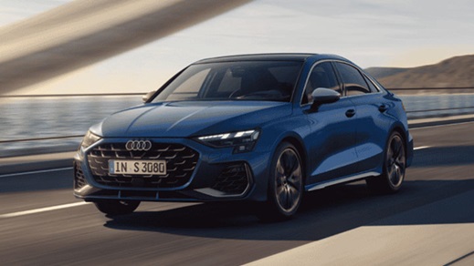 Front quarter driving shot of a blue Audi S3 Saloon