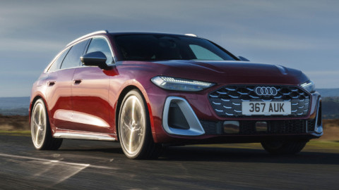 Audi S5 Avant Driving Front Angle in Burgundy 