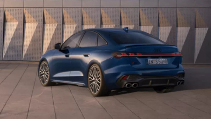 Audi S5 Saloon in Blue Parked Rear Angle