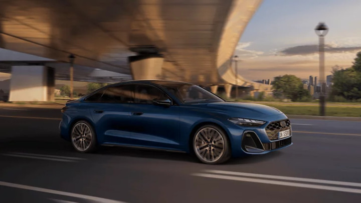 Audi S5 Saloon in Blue Side Angle Driving