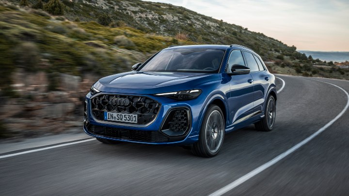 Blue Audi SQ5 SUV Exterior Front Driving Countryside
