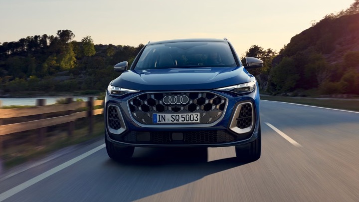 Blue Audi SQ5 SUV Exterior Front Driving Countryside