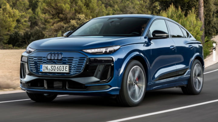 Audi SQ6 Sportback e-tron Driving Front Angle in Blue