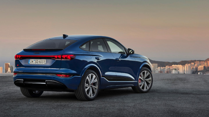 Audi SQ6 Sportback e-tron Static Rear Angle in Blue