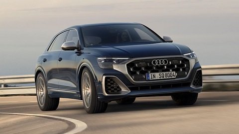 Front of a blue Audi SQ8 driving in a motorway