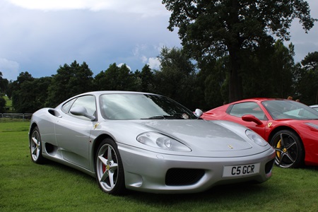 Grey Ferrari 360 Modena parked on the grass.