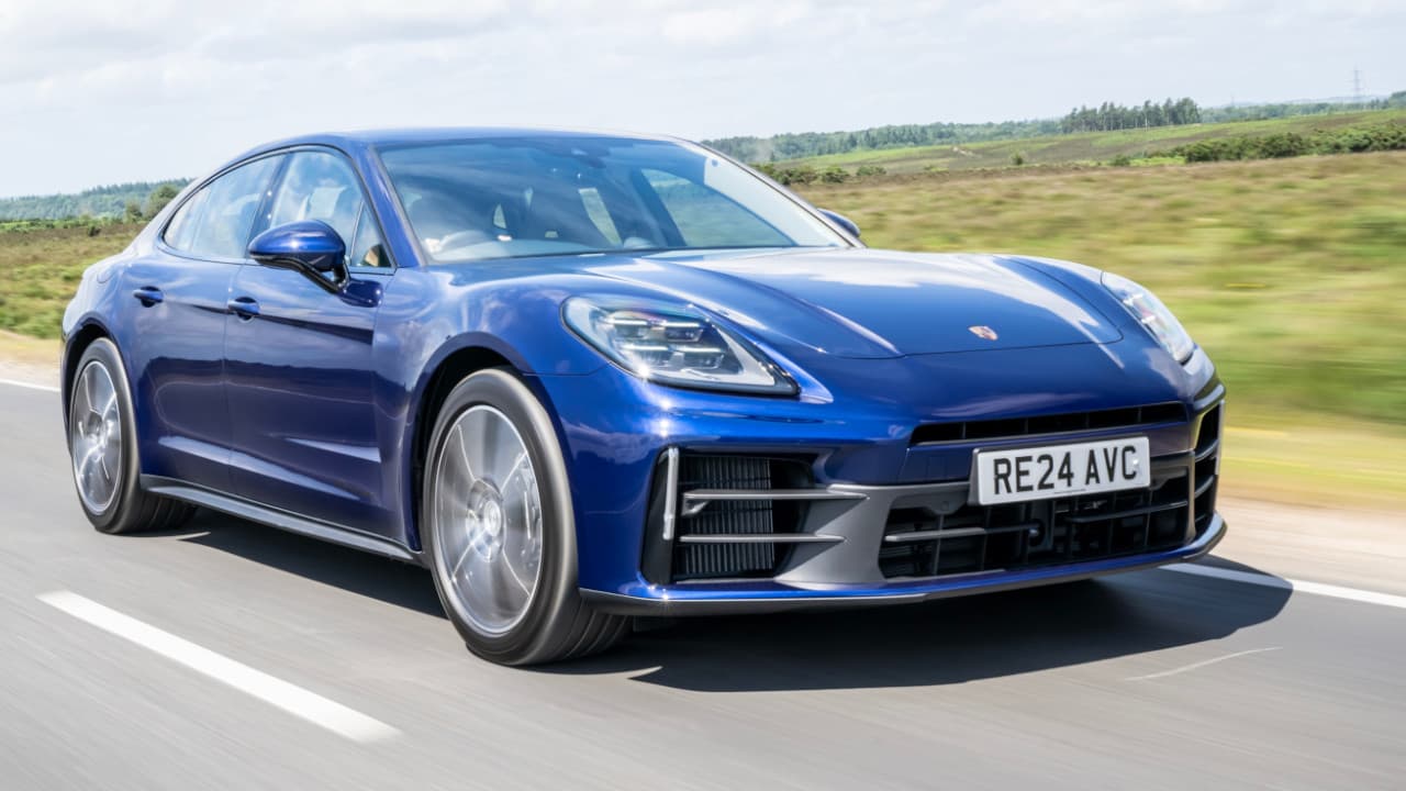 Porsche Panamera front angle driving in blue colour