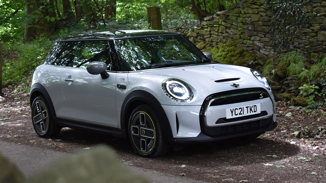 MINI Electric, front quarter shot, parked in forestry layby