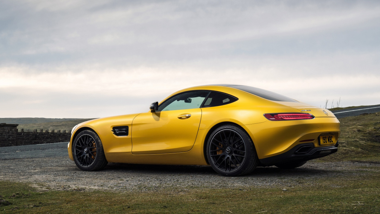 Yellow Mercedes-AMG GT, parked, rear