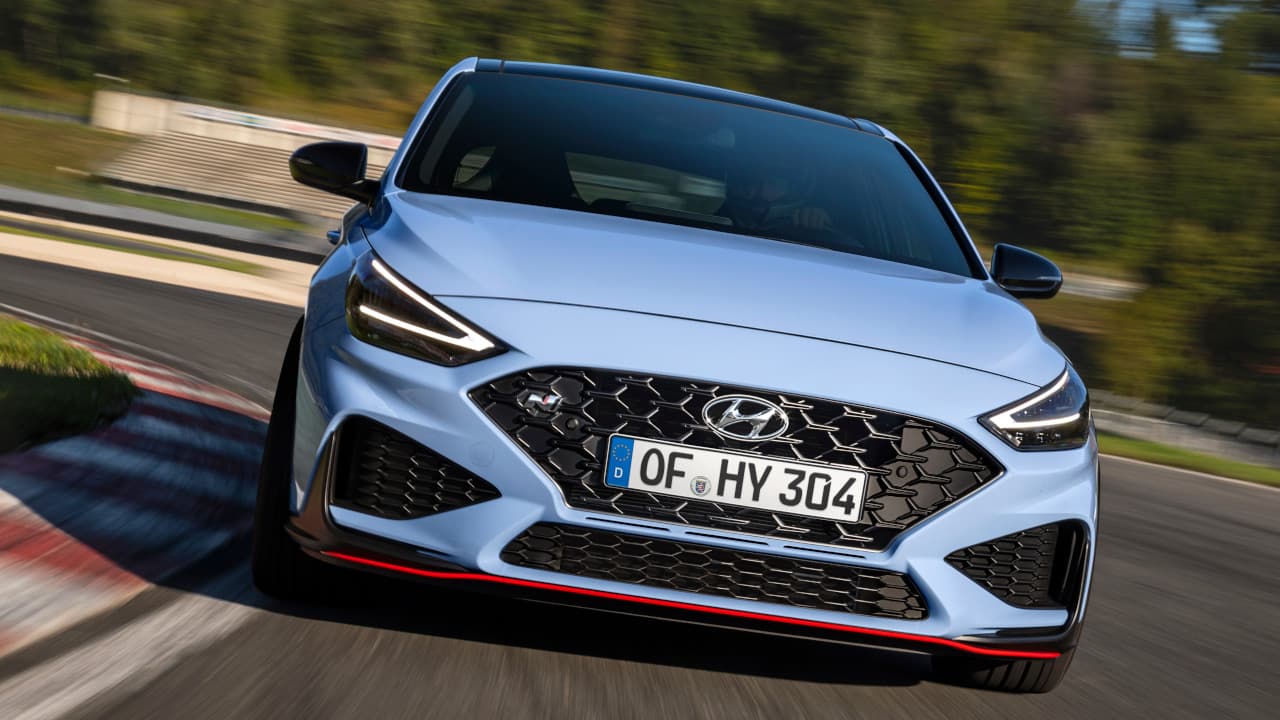 Blue Hyundai i30 N Exterior Front Driving