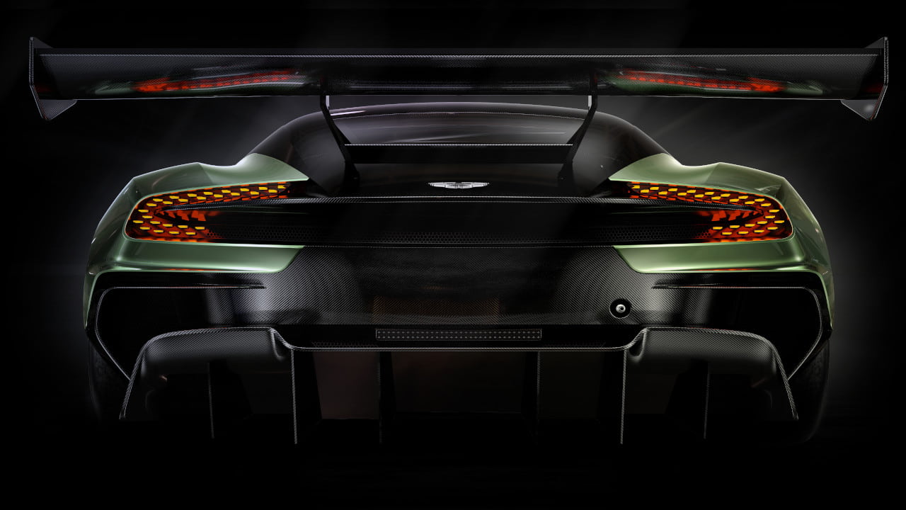 Rear of the Aston Martin Vulcan in a Dark Studio Underneath a Spotlight