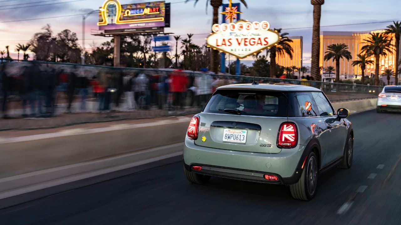 Rear of a MINI Electric Driving on the Las Vegas Strip