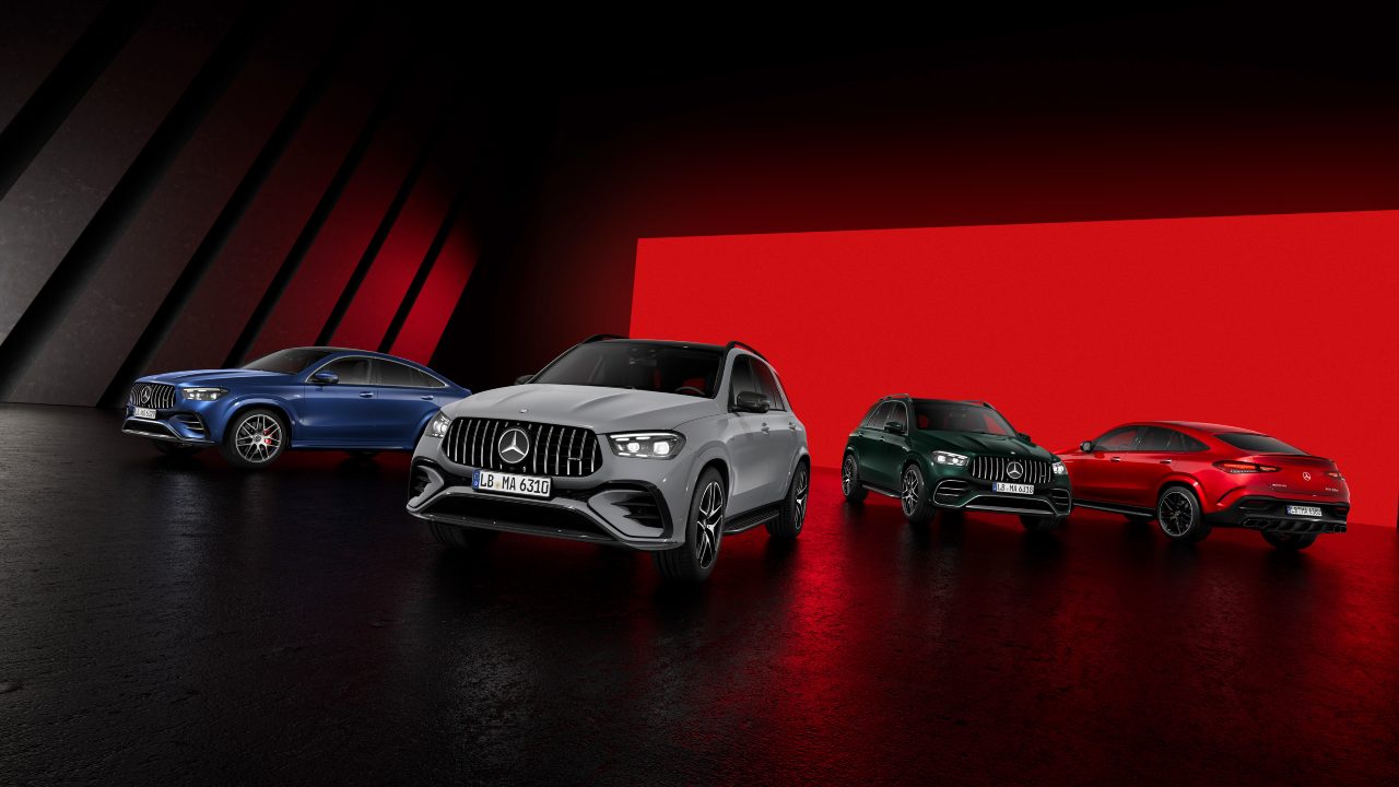 Lineup of Mercedes-Benz SUVs in Studio with Red Lighting