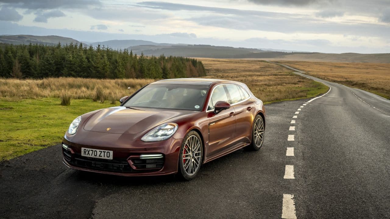 Porsche Panamera parked on a country road