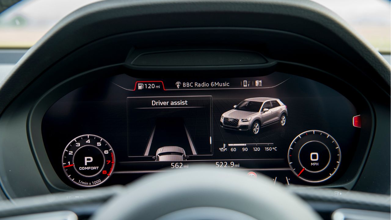 Audi virtual cockpit seen through the steering wheel