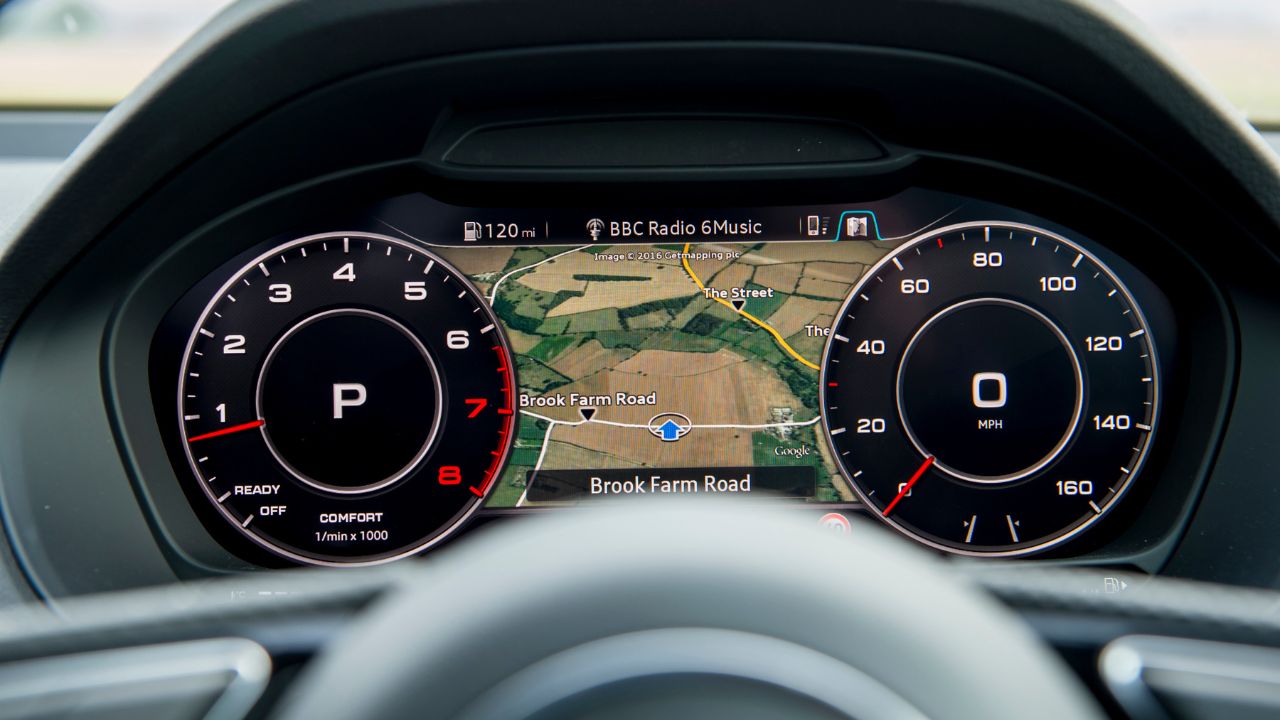 Audi virtual cockpit seen through the steering wheel