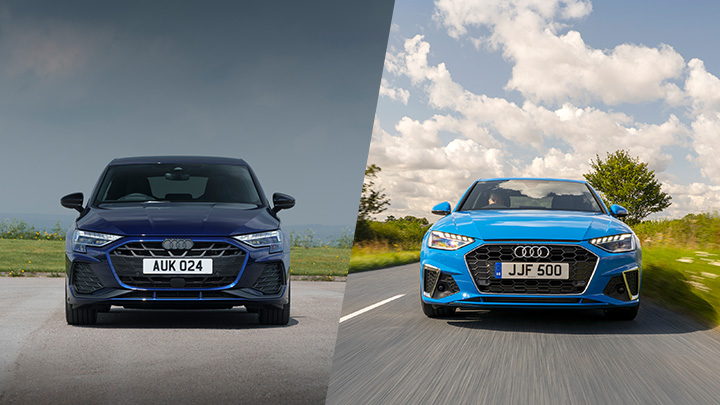 Front view comparison of an Audi A3 Sportback and Audi A4 Saloon on the road