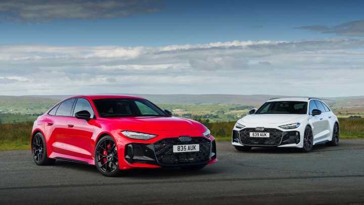 Audi RS 5 Sportback and RS 5 Avant performance models parked outdoors