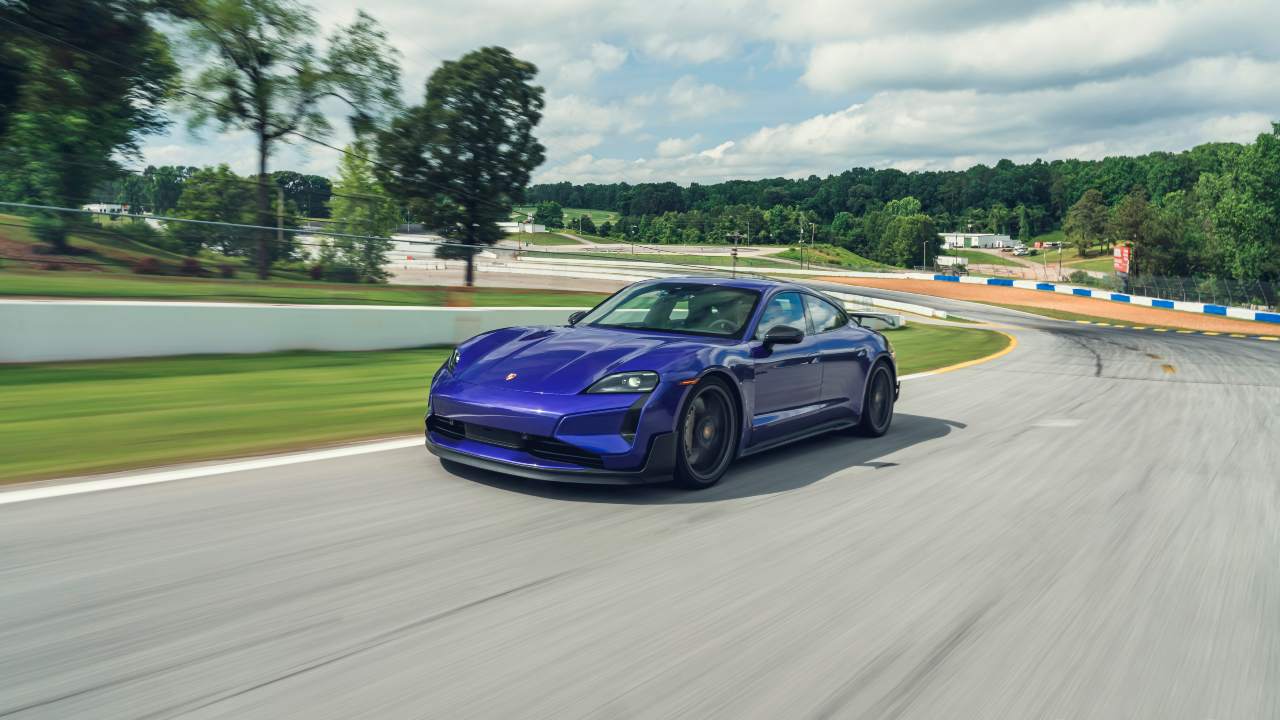 Purple Porsche Taycan Turbo GT Exterior Front Race Track