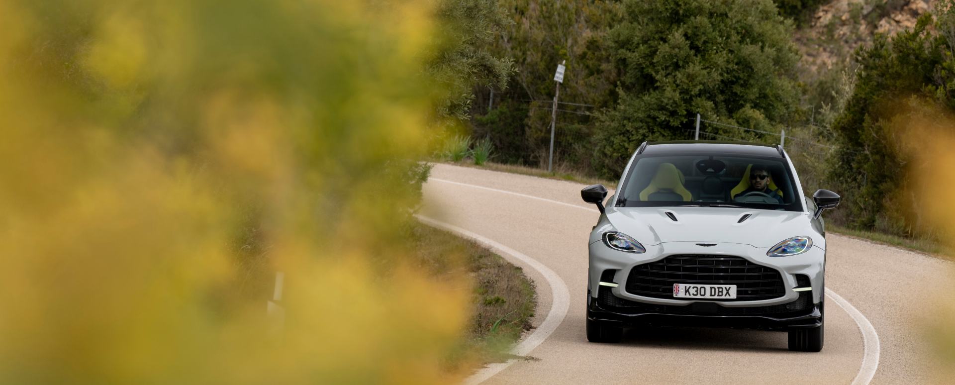 Aston Martin DBX driving along winding countryside road with flowers in foreground