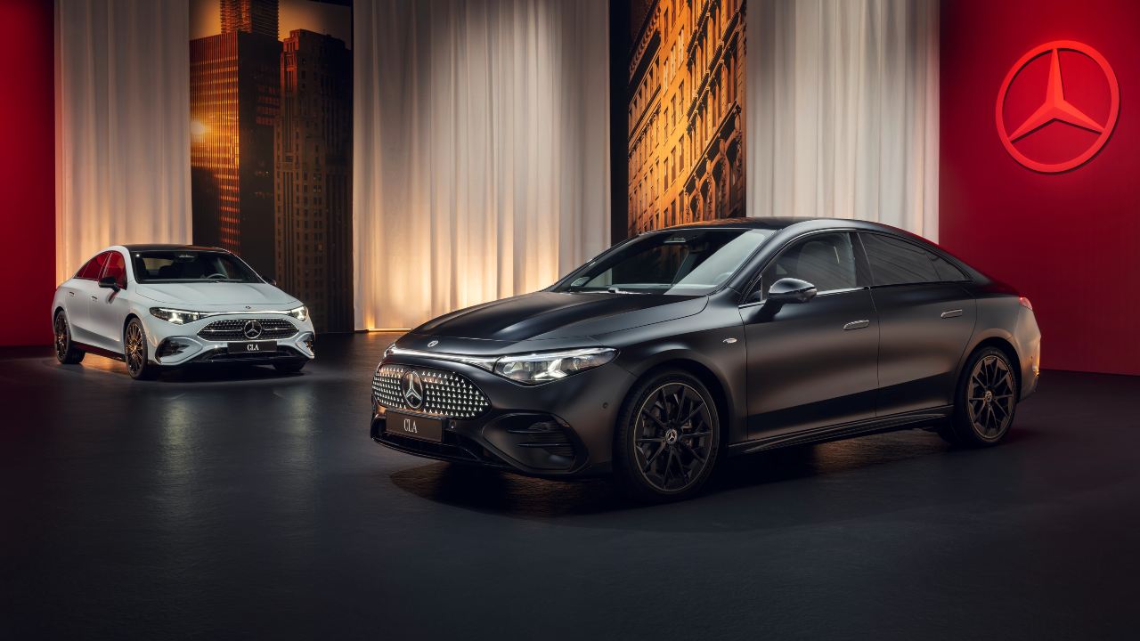 Mercedes-Benz CLA models displayed in studio, showcasing latest generation design