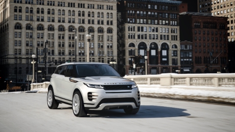 Silver Range Rover Evoque city static
