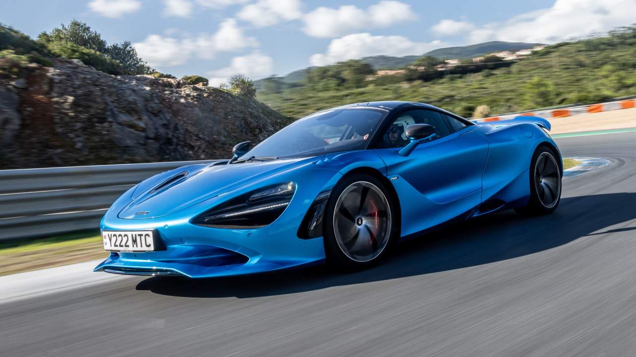 Blue McLaren 750S Exterior Front Driving