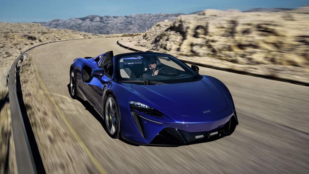 Purple McLaren Artura Spider Exterior Front Driving