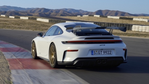 Porsche 911 GT3 racetrack rear left angle