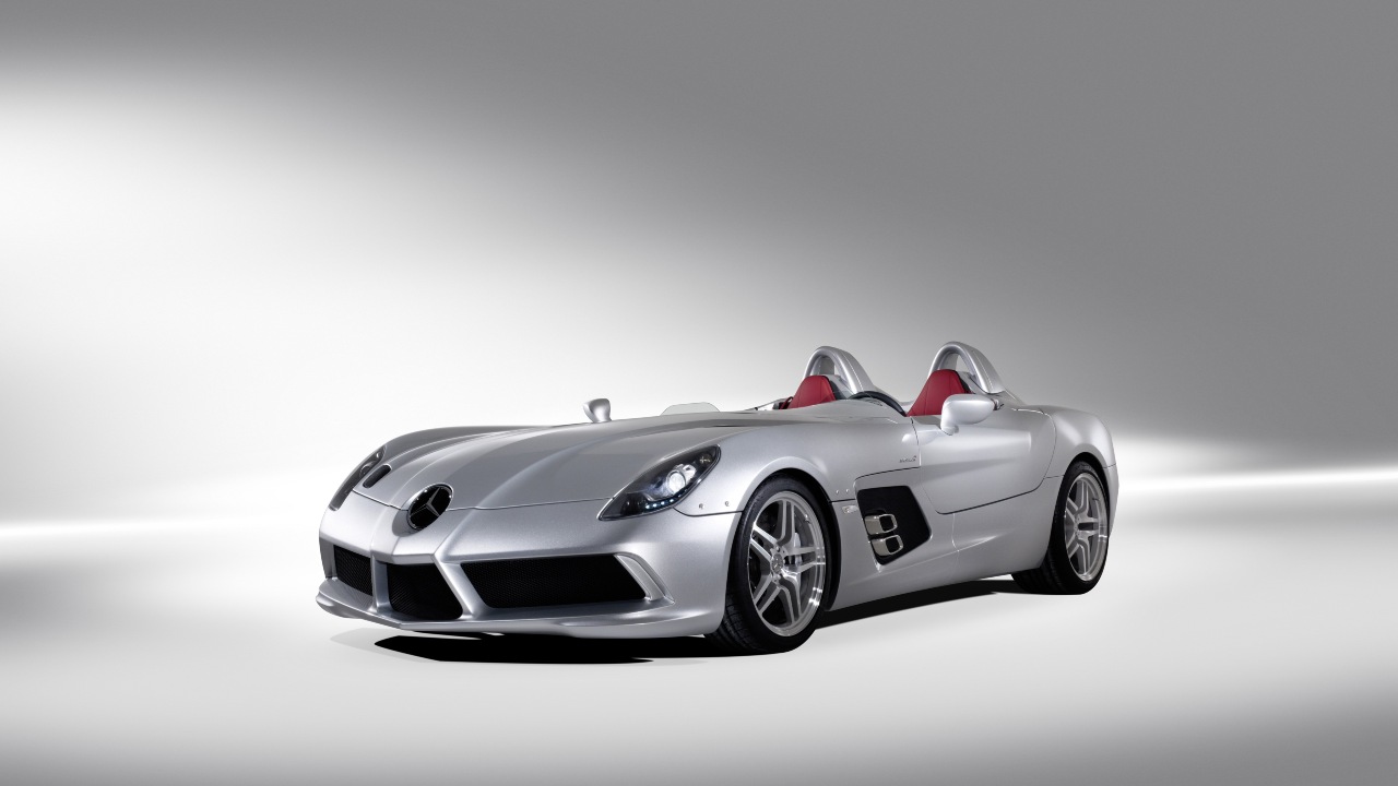 Mercedes-Benz SLR Stirling Moss in silver studio setting with open-top design