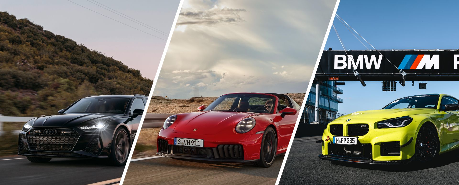 Collage of German performance cars: Audi RS estate cornering on a coastal road, red Porsche 911 Cabriolet, and yellow BMW M2 on a race track